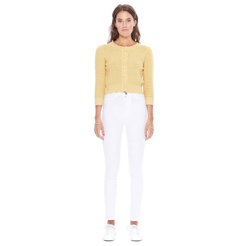 3/4 Sleeve Crewneck Knit Cropped Cardigan Sweater: NAVY