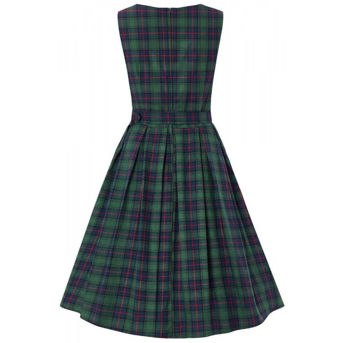 Annie Retro Check Swing Dress in Dark Green by Dolly & Dotty
