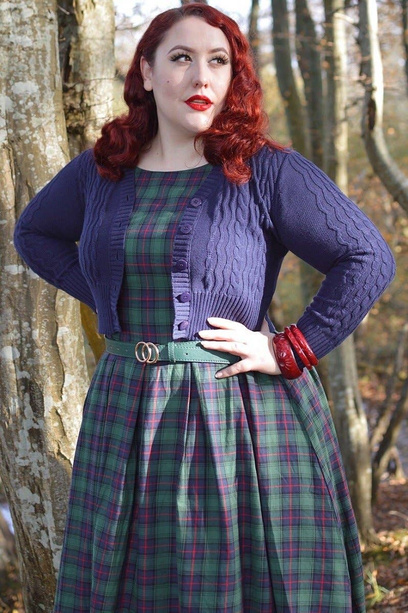 Annie Retro Check Swing Dress in Dark Green by Dolly & Dotty