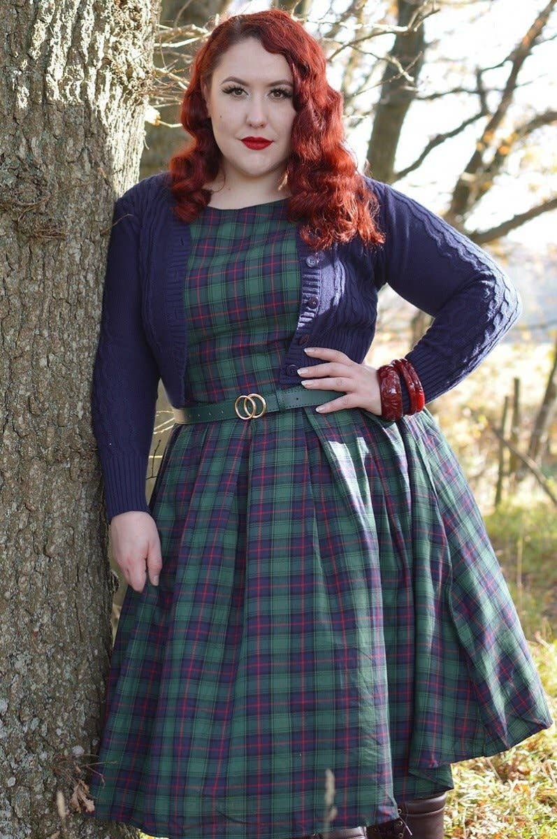 Annie Retro Check Swing Dress in Dark Green by Dolly & Dotty