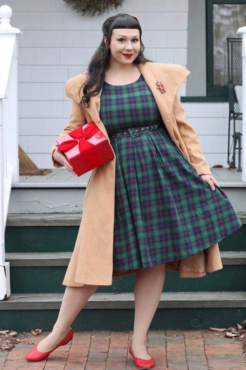 Annie Retro Check Swing Dress in Dark Green by Dolly & Dotty