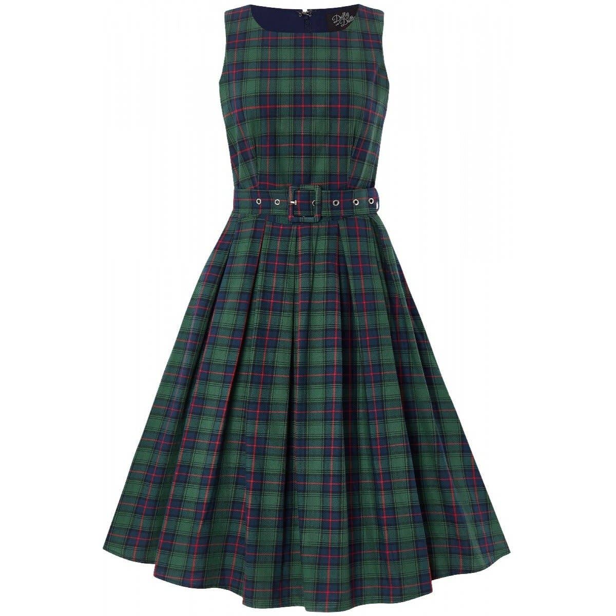 Annie Retro Check Swing Dress in Dark Green by Dolly & Dotty