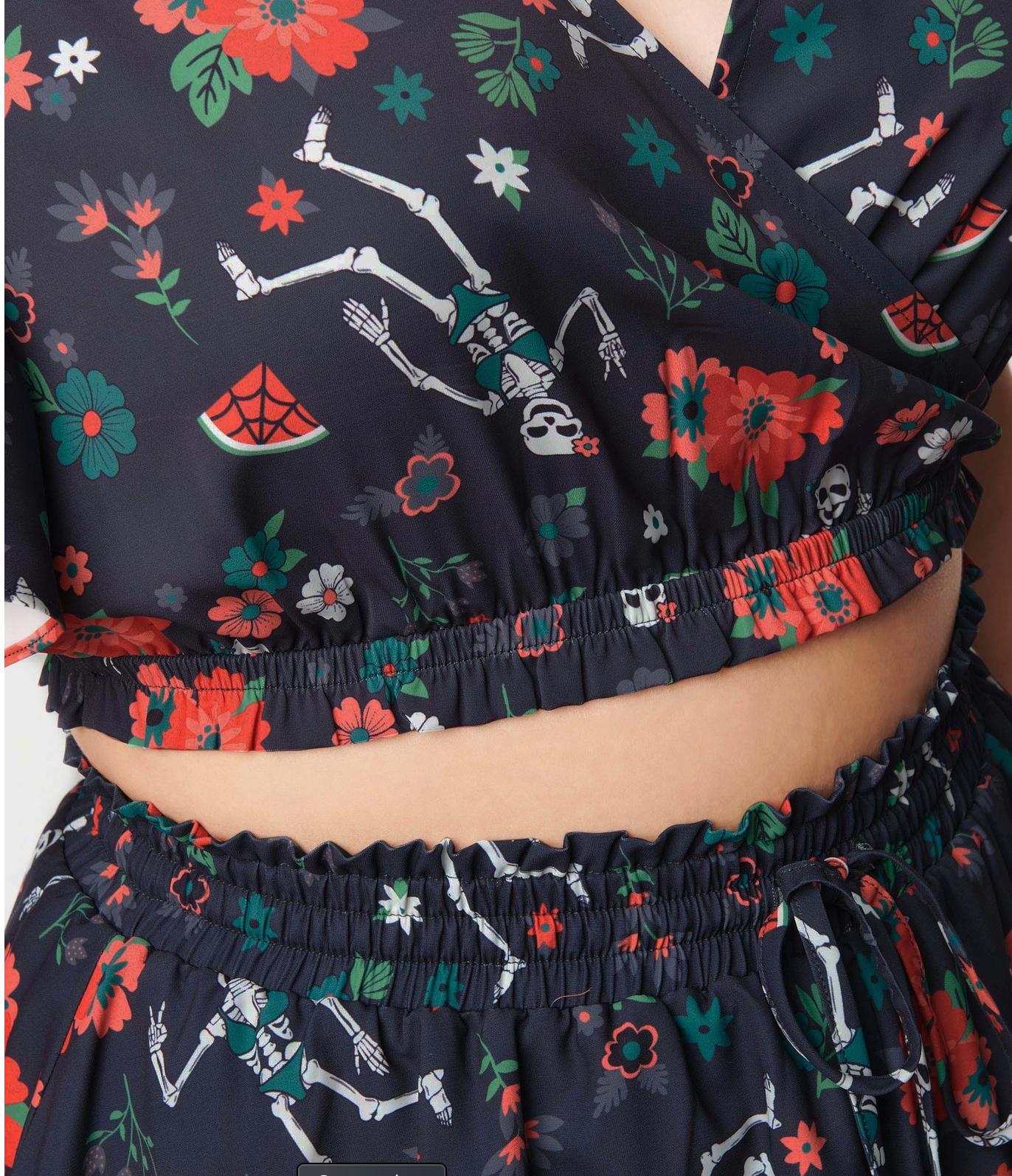 Black Tropical Skeleton Dottie Crop Top by Unique Vintage