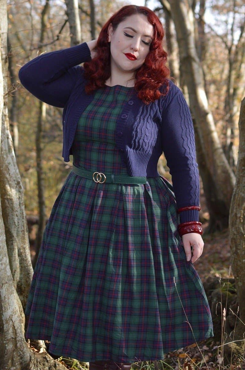 Annie Retro Check Swing Dress in Dark Green by Dolly & Dotty