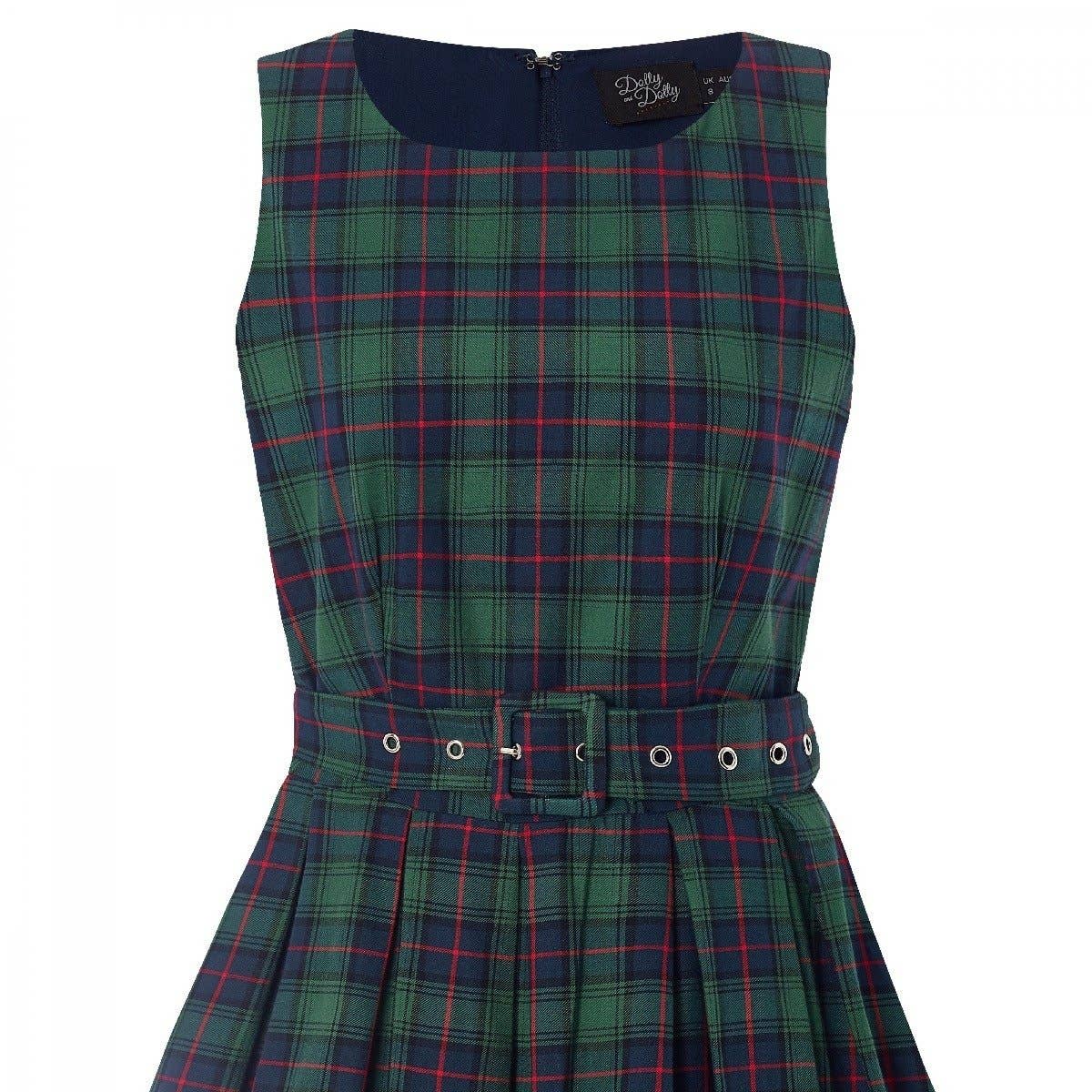 Annie Retro Check Swing Dress in Dark Green by Dolly & Dotty