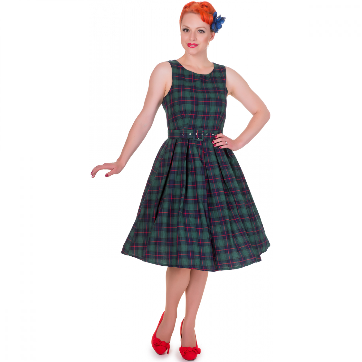 Annie Retro Check Swing Dress in Dark Green by Dolly & Dotty