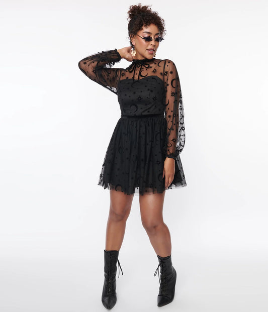 Black Flocked Moon & Stars Flare Dress by Unique Vintage