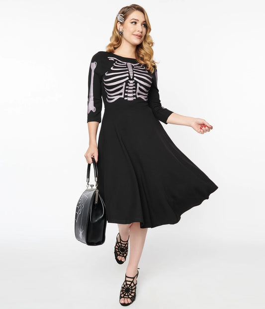 1950s Black Skeleton Bones Graves Swing Dress by Unique Vintage