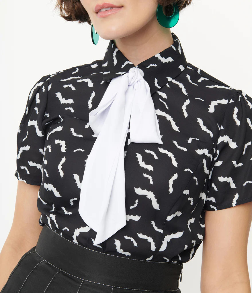 Black & White Bats Print Power Play Blouse by Smak Parlour