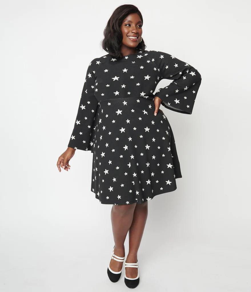 Black & White Star Print Flare Dress by Unique Vintage