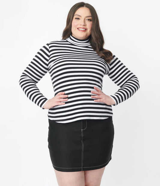 Black & White Stripe Turtleneck Cherie Top by Unique Vintage