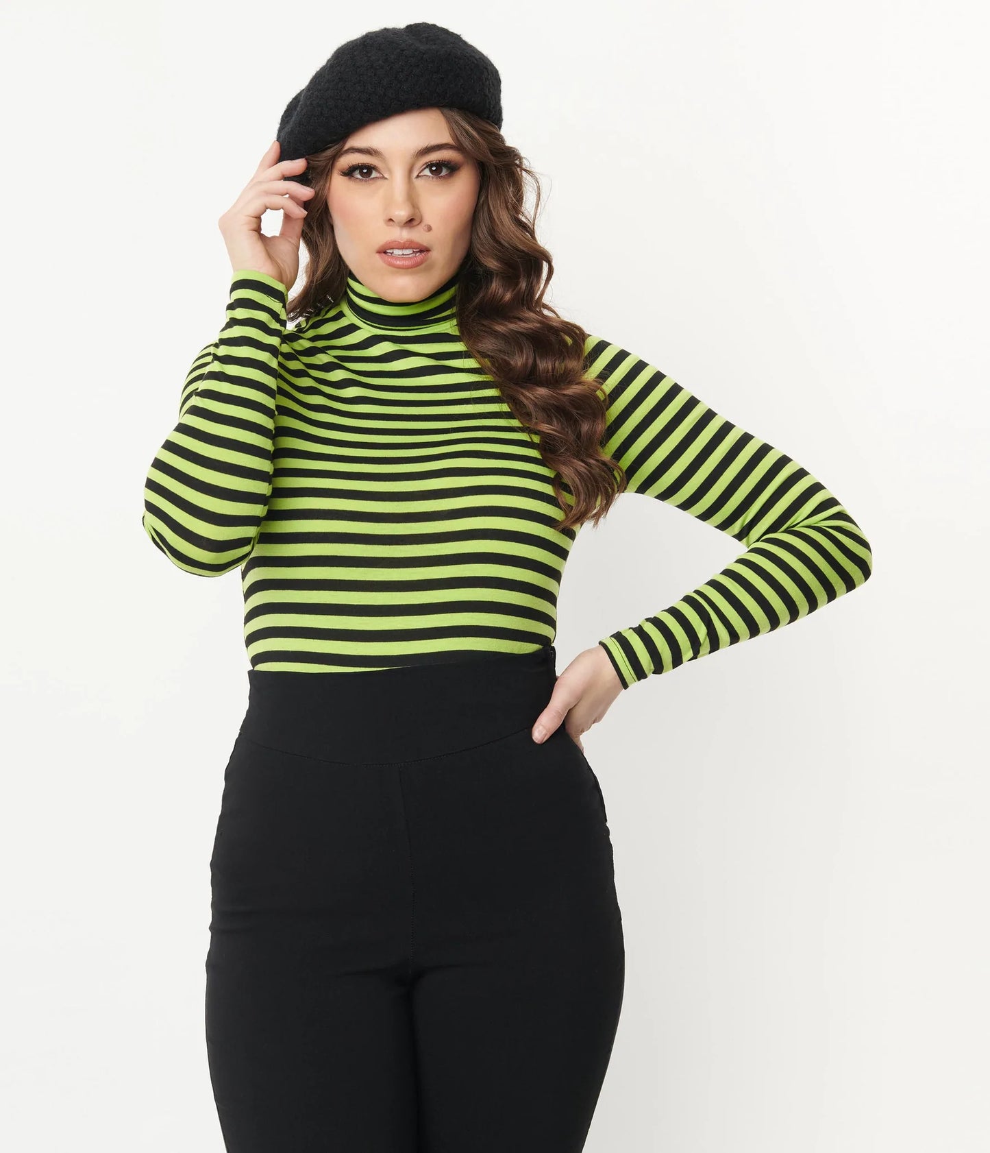 Green & Black Stripe Turtleneck Cherie Top by Unique Vintage