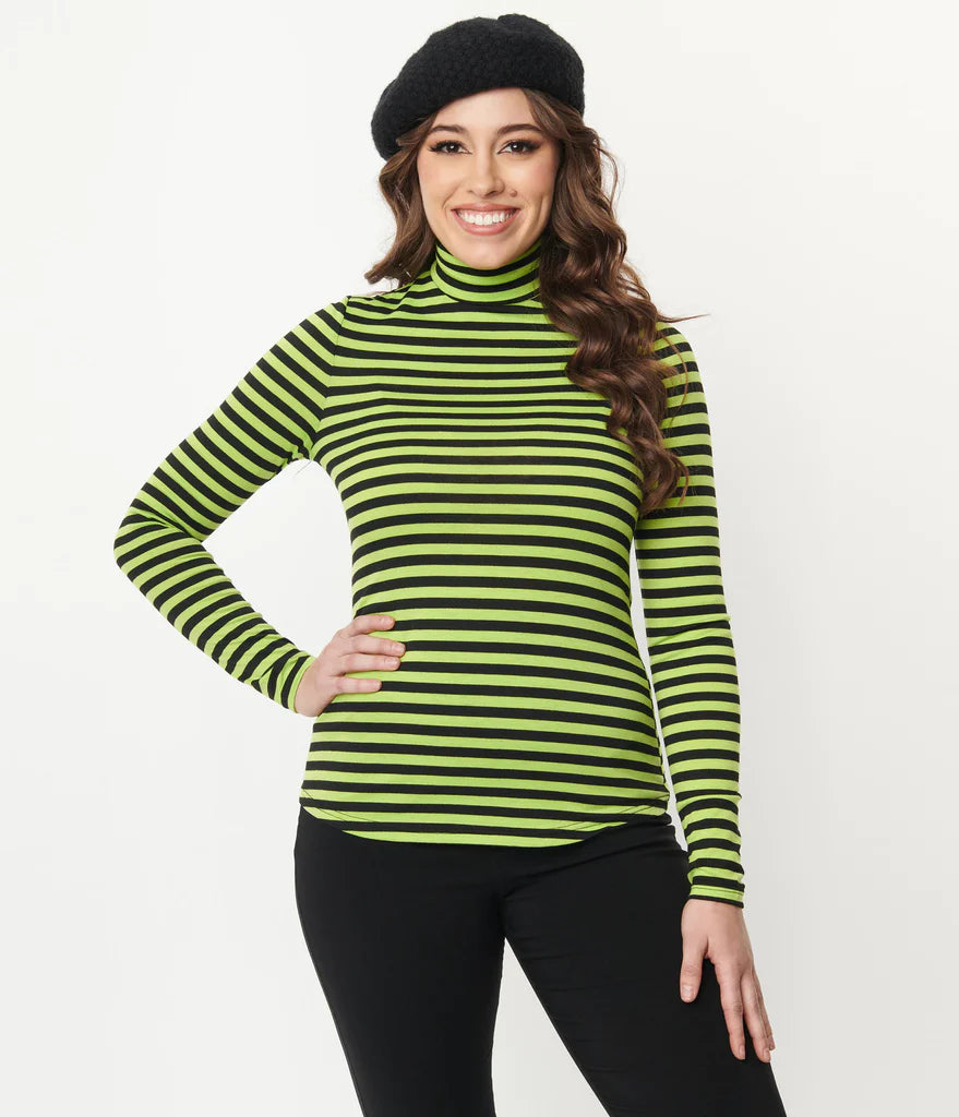 Green & Black Stripe Turtleneck Cherie Top by Unique Vintage