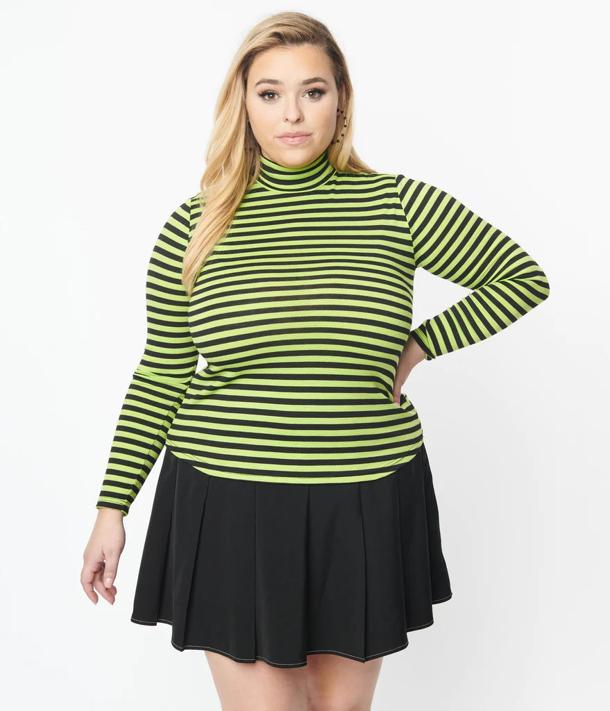 Green & Black Stripe Turtleneck Cherie Top by Unique Vintage