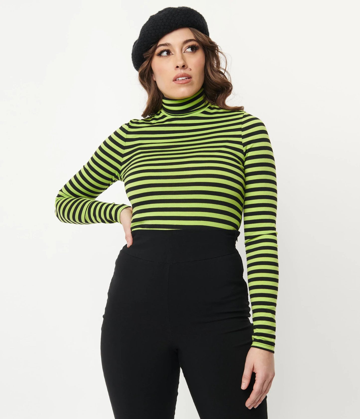 Green & Black Stripe Turtleneck Cherie Top by Unique Vintage