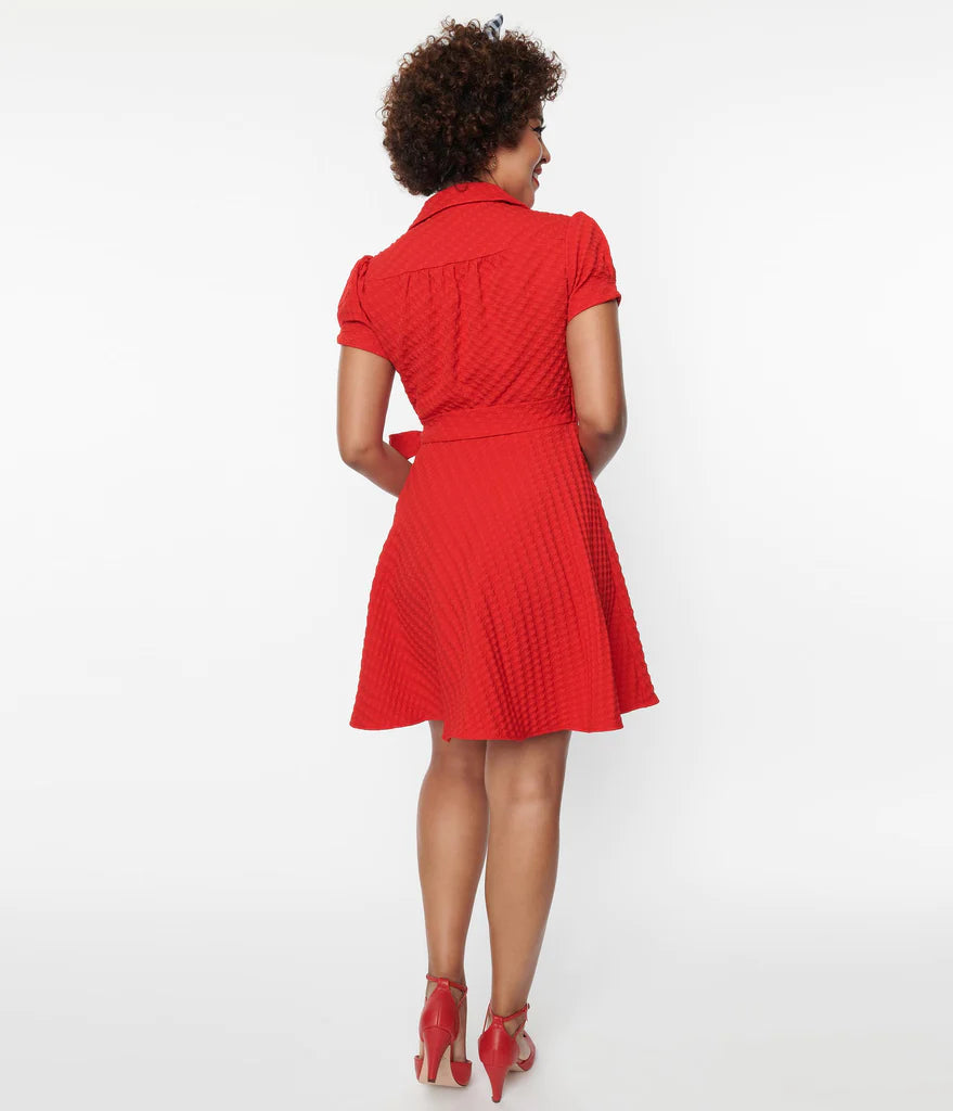 Red Textured Houndstooth Wrap Dress by Unique Vintage