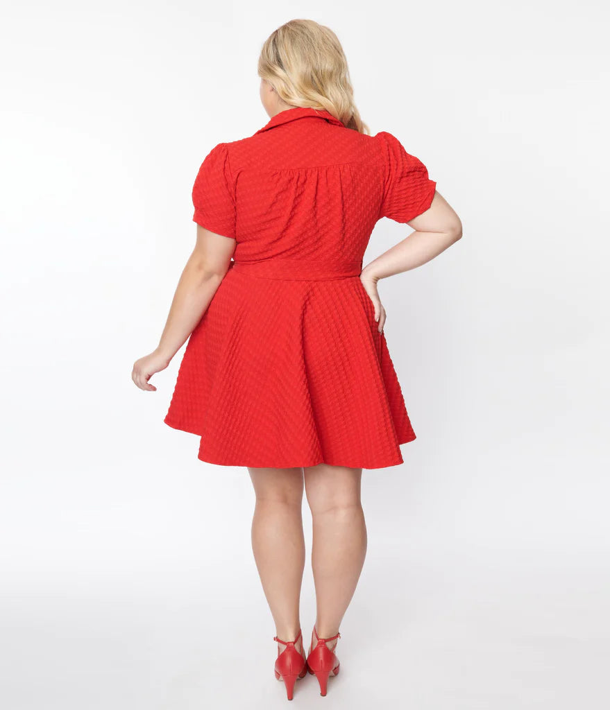 Red Textured Houndstooth Wrap Dress by Unique Vintage