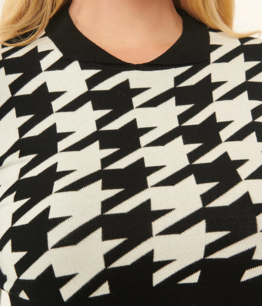 1950s Black & Ivory Houndstooth Sweater by Unique Vintage