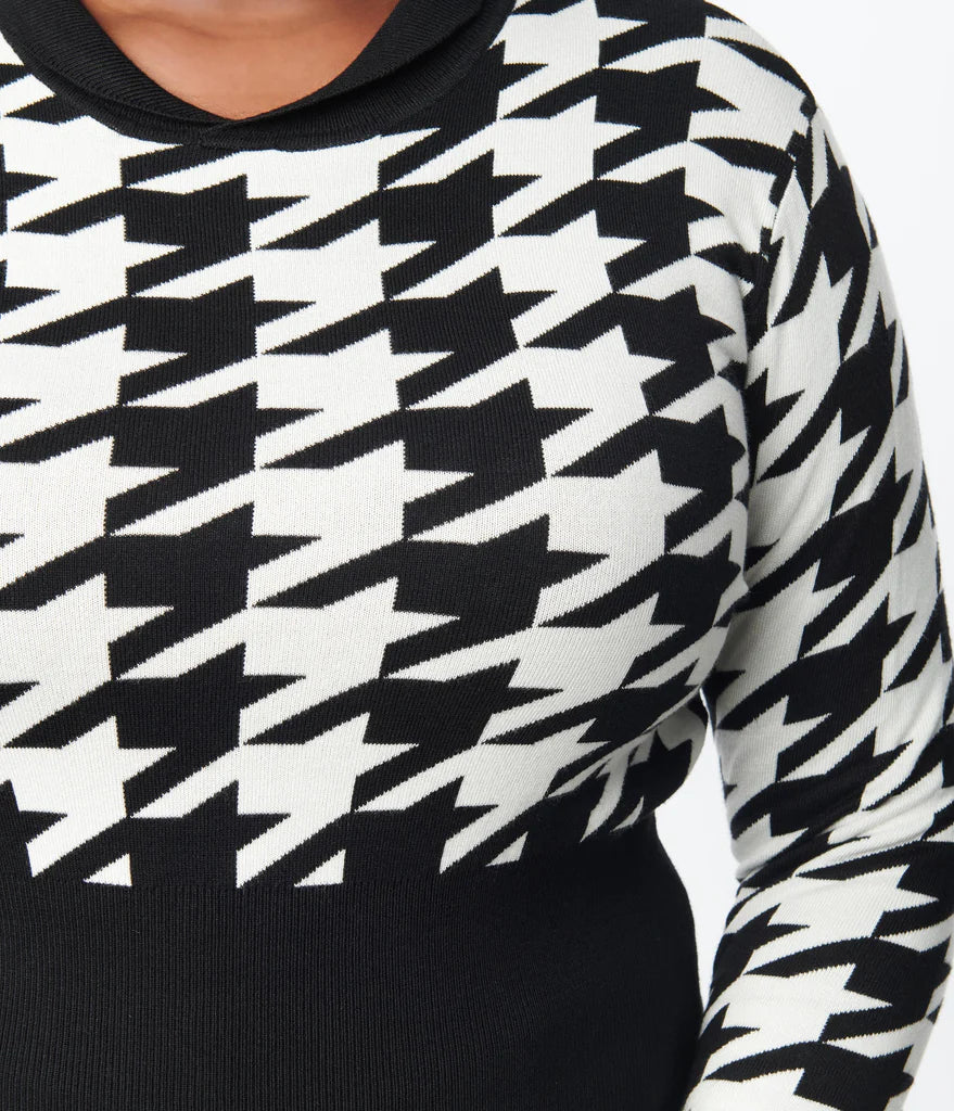 1950s Black & Ivory Houndstooth Sweater by Unique Vintage