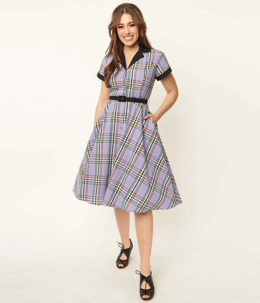 1950s Lavender Plaid Alexis Swing Dress by Unique Vintage