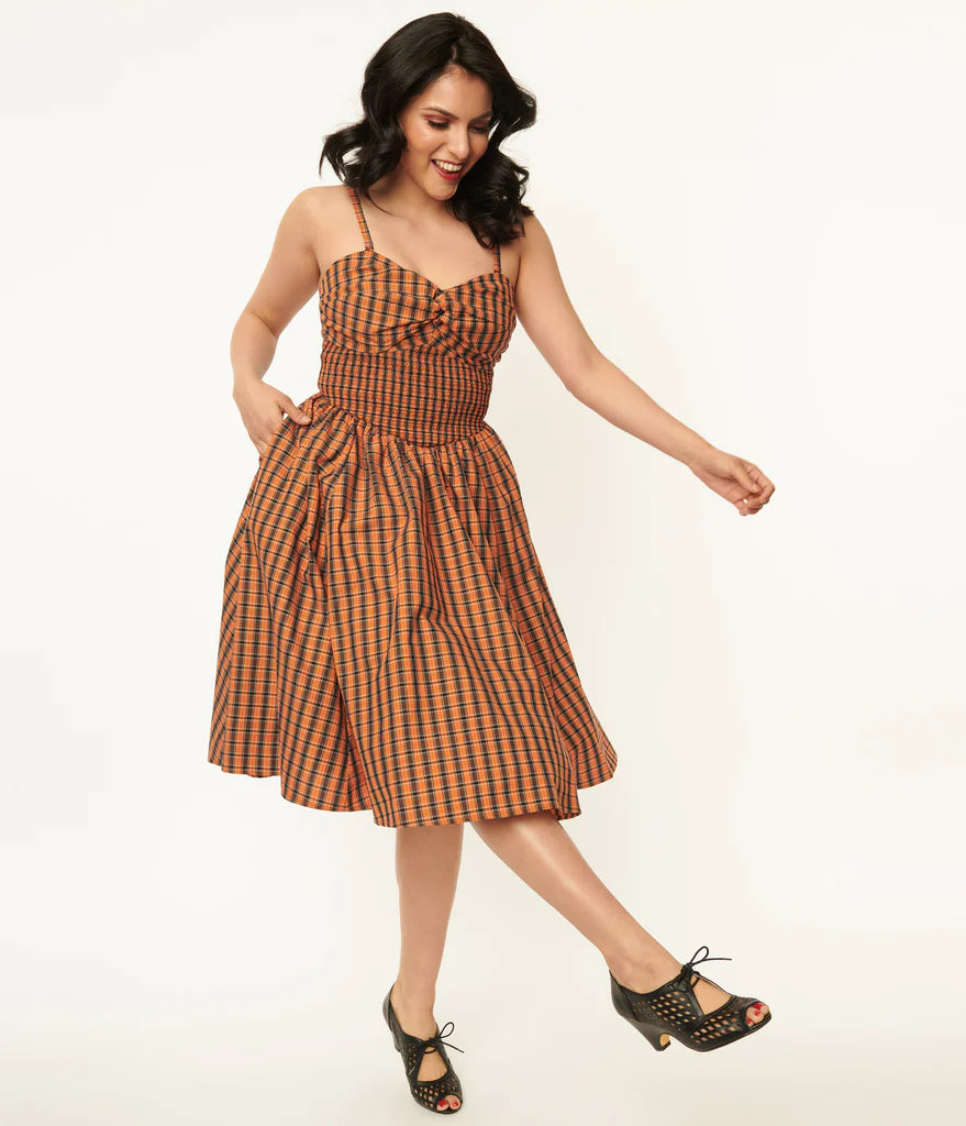 Unique Vintage 1950s Orange & Black Plaid Shimmy & Shake Swing Dress M/6-8