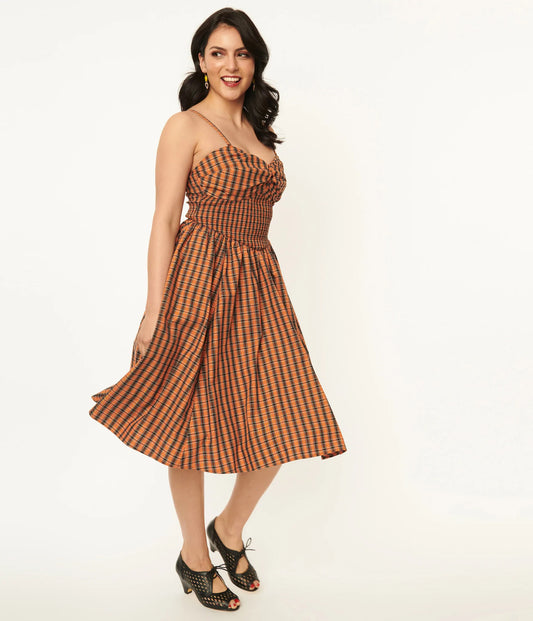 1950s Orange & Black Plaid Shimmy & Shake Swing Dress by Unique Vintage