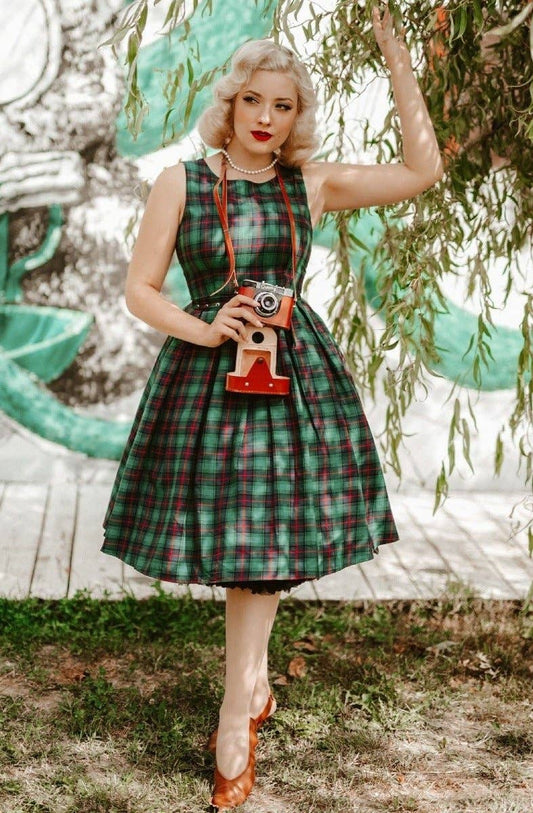Annie Retro Check Swing Dress in Dark Green by Dolly & Dotty