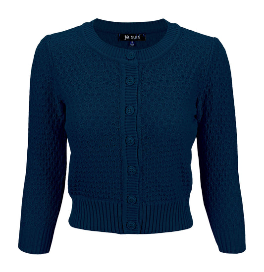 3/4 Sleeve Crewneck Knit Cropped Cardigan Sweater: NAVY