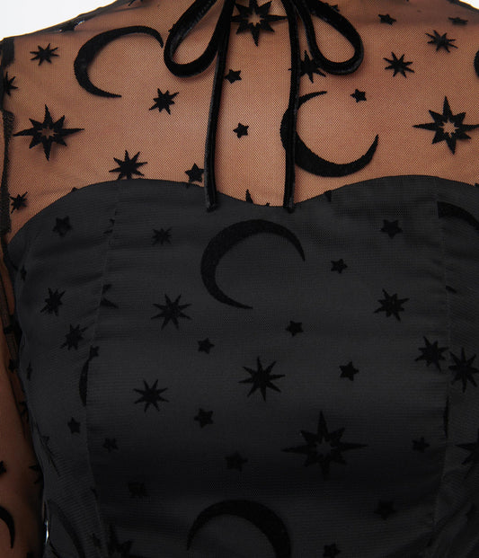 Black Flocked Moon & Stars Flare Dress by Unique Vintage