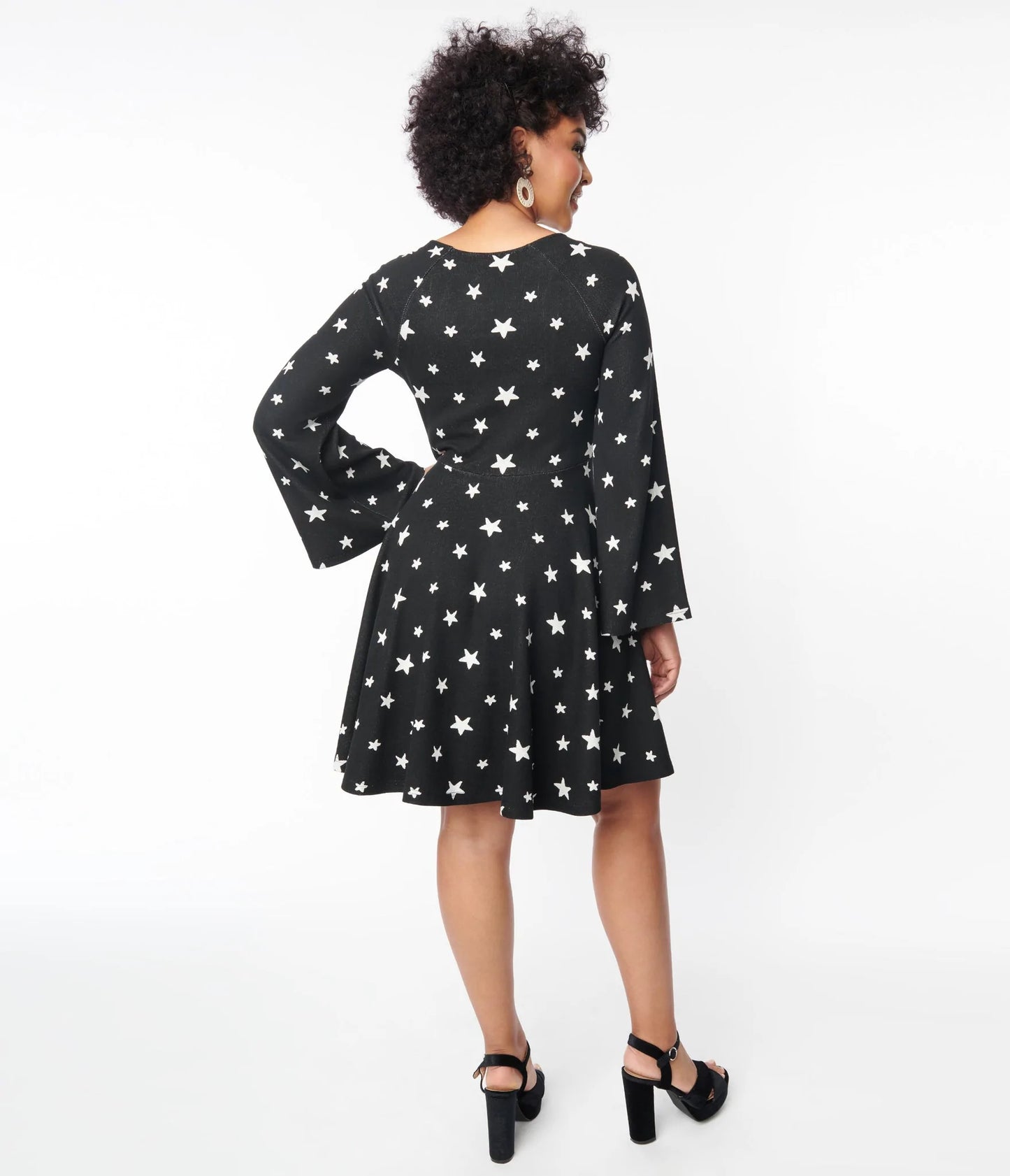 Black & White Star Print Flare Dress by Unique Vintage