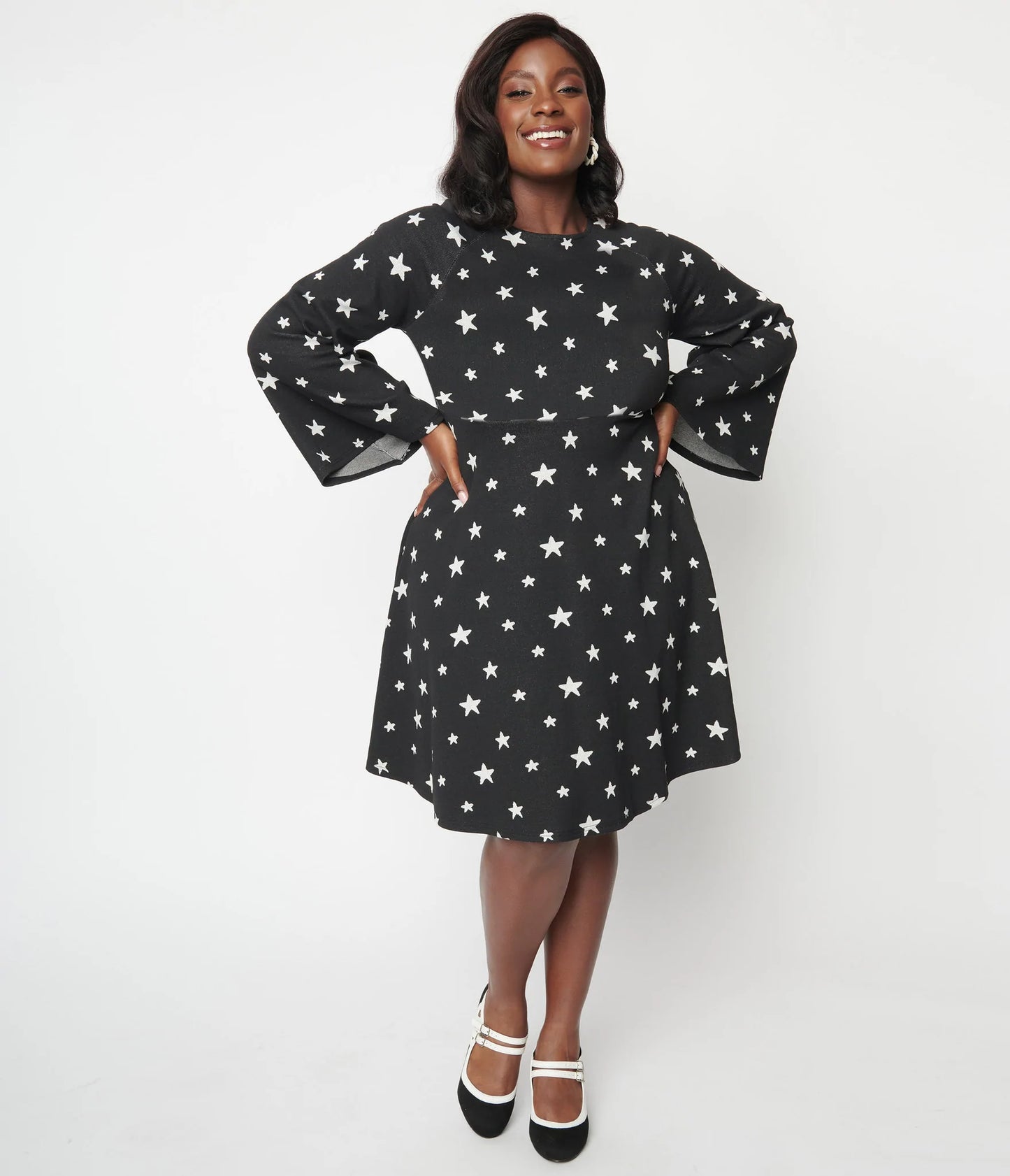 Black & White Star Print Flare Dress by Unique Vintage