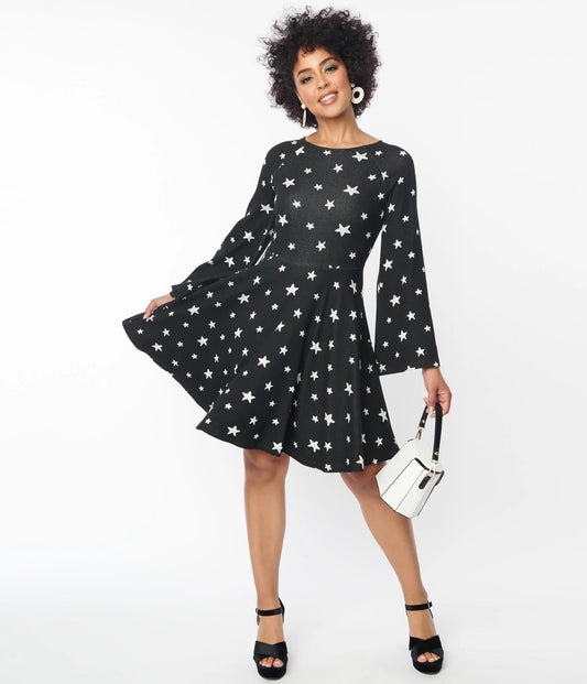 Black & White Star Print Flare Dress by Unique Vintage