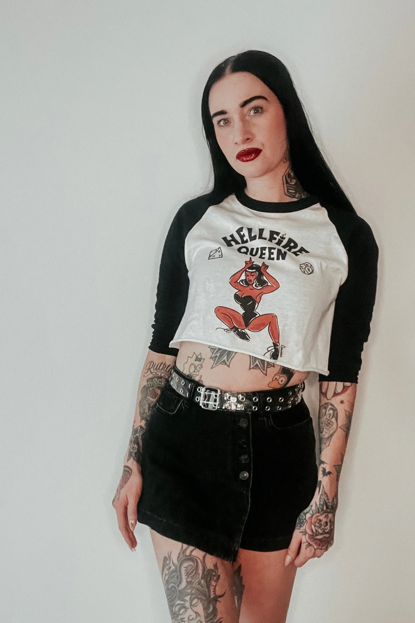 Mischief Made Hellfire Queen Unisex Raglan T Shirt in White x Black