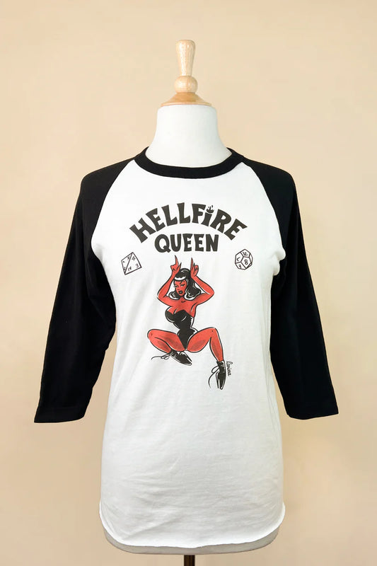 Mischief Made Hellfire Queen Unisex Raglan T Shirt in White x Black