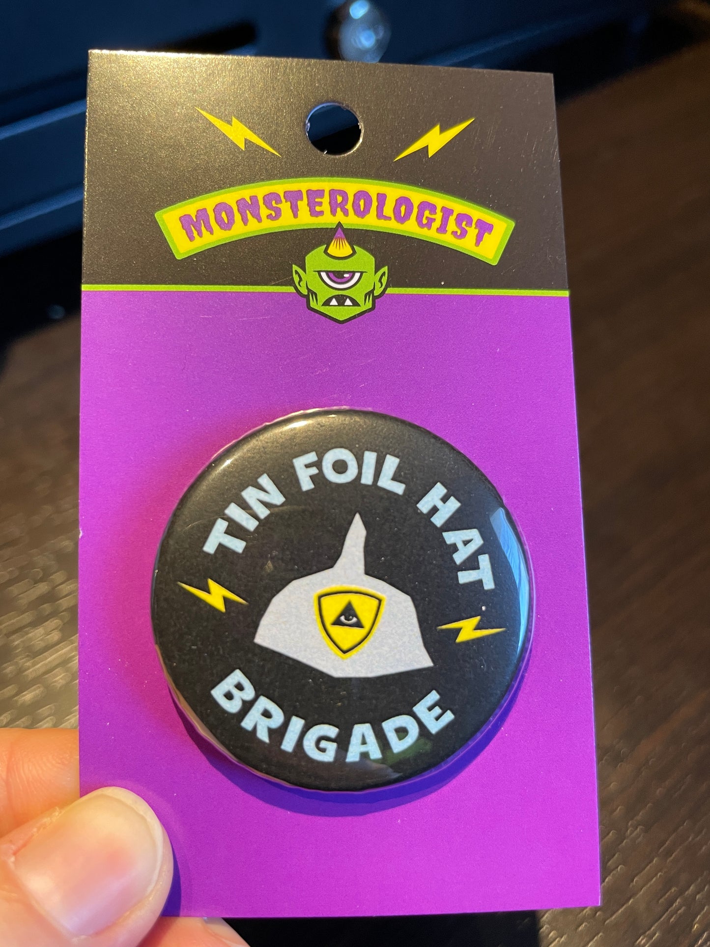 Tin Foil Hat Brigade Button Pin by Monsterologist