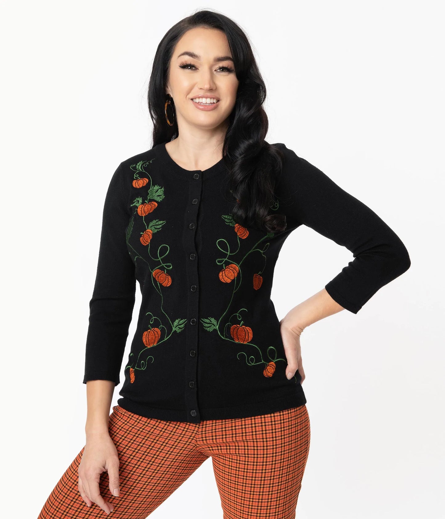 1950s Black & Pumpkin Embroidered Bookworm Cardigan by Unique Vintage