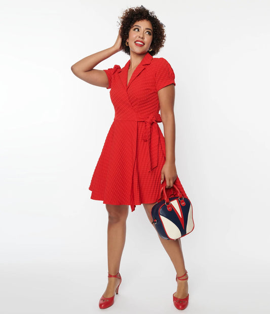 Red Textured Houndstooth Wrap Dress by Unique Vintage