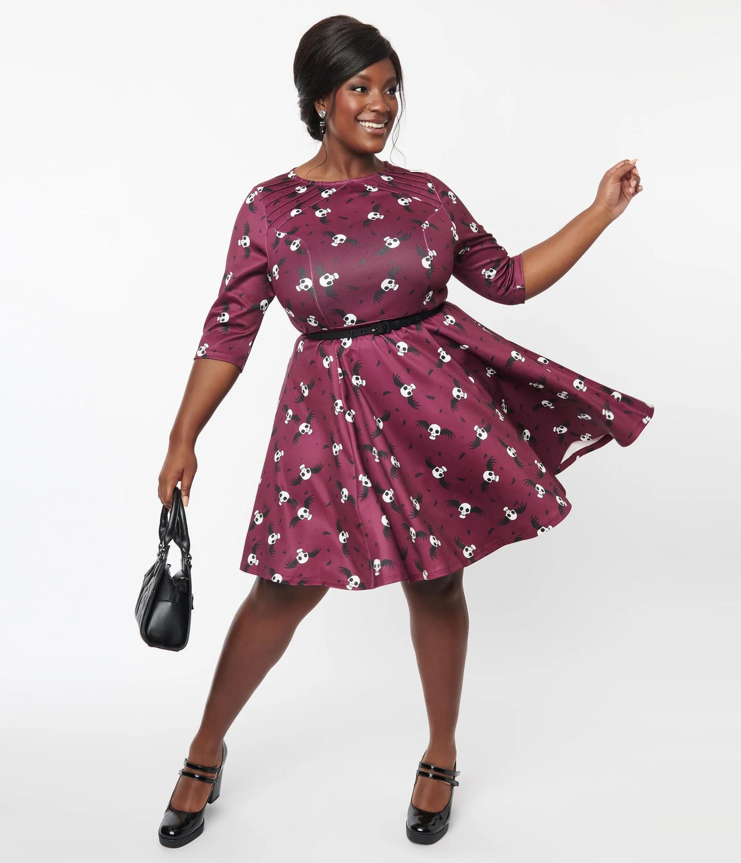 Corpse Bride x Unique Vintage Plus Size Wine & Flying Skulls Stephanie Flare Dress 2X/18 Corpse Bride x Unique Vintage Plus Size Wine & Flying Skulls Stephanie Flare Dress 2X/18
